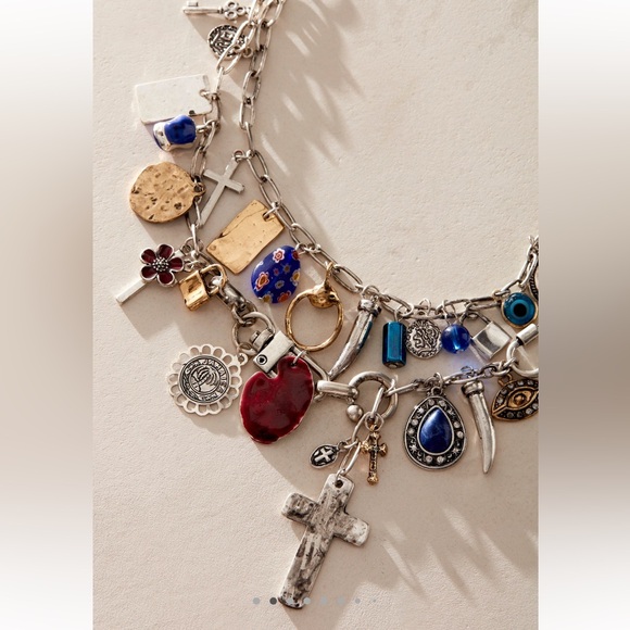 Free People - Silver Maxamillion Charm Necklace Cross my heart - NWT - Picture 3 of 10